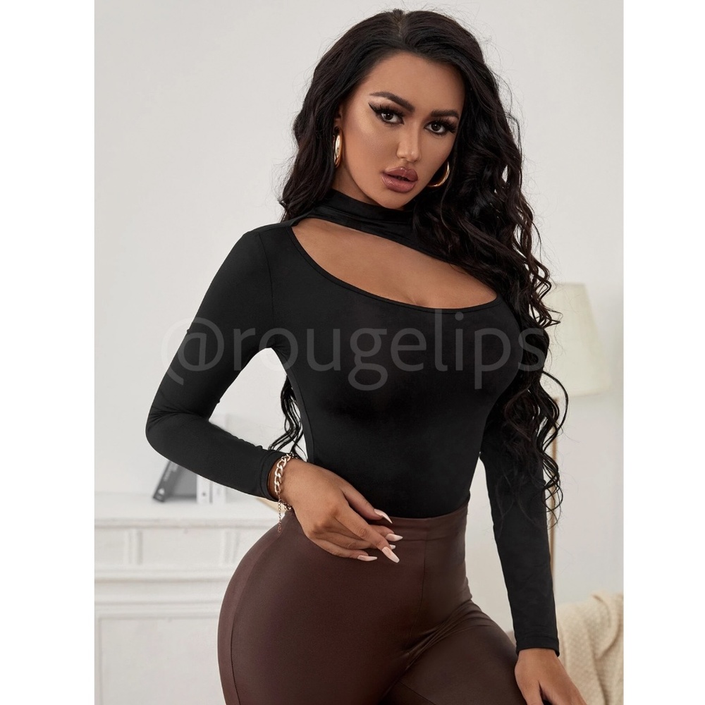 Black Cut Out Asymmetrical Slim Fit Shirt Top Long Sleeve Mock Neck - Picture 3 of 6